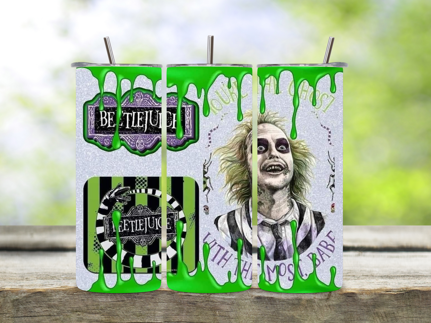Beetlejuice green Slime tumbler