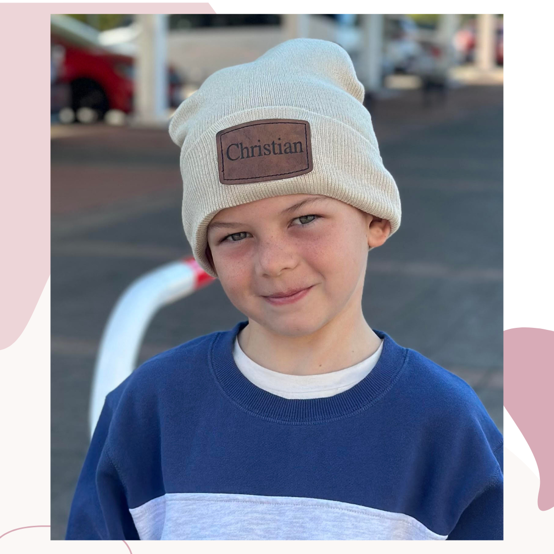 Personalized Kids Beanies with Engraved leatherette Patch