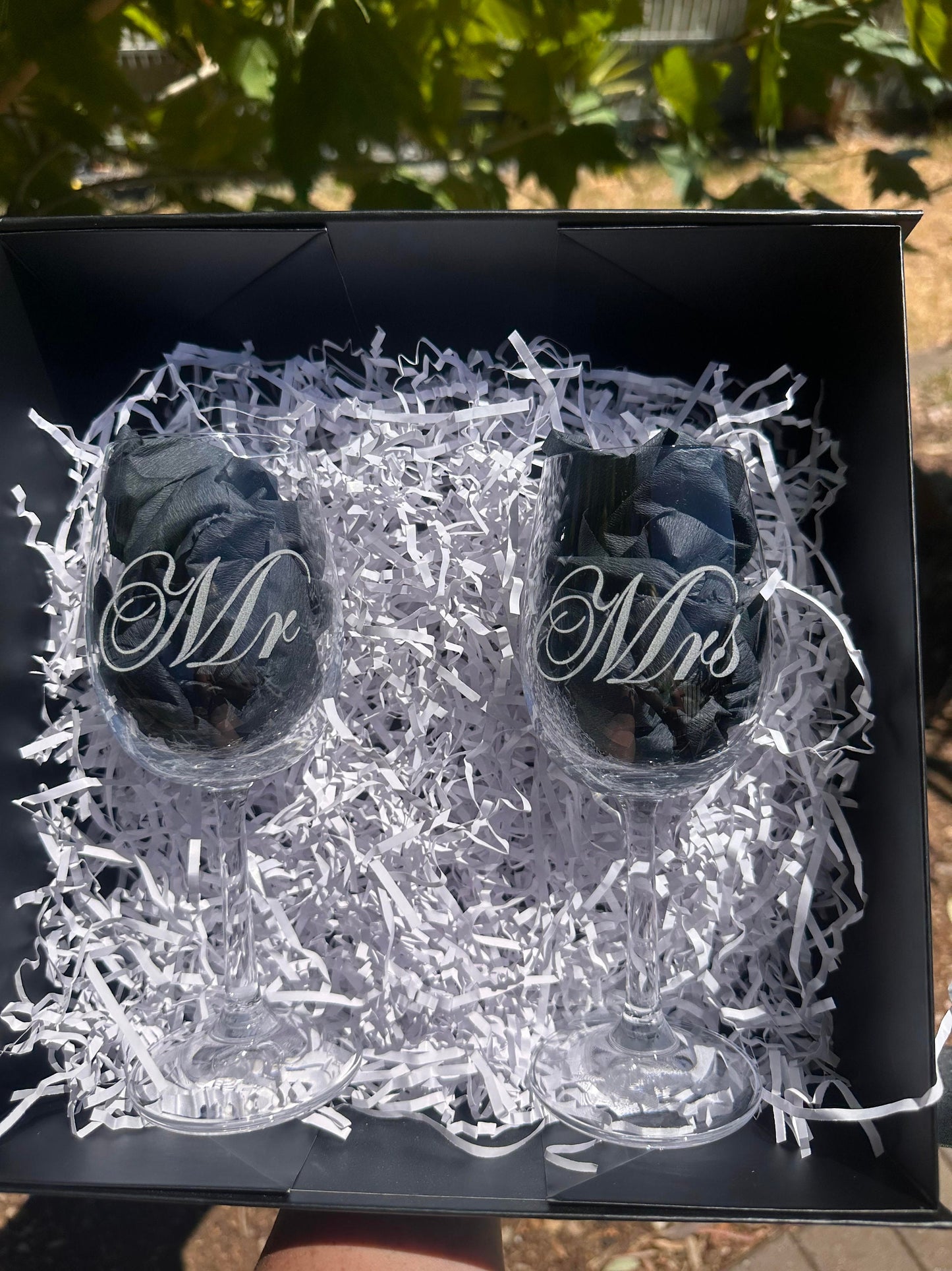 Mr and Mrs wedding wine glasses , set of two in a personalized presentation box., wedding glasses, personalized wedding glasses