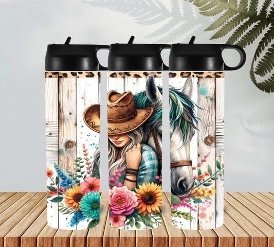 COWGIRL AND HER HORSE WITH FLOWERS HYDRO DRINK BOTTLE