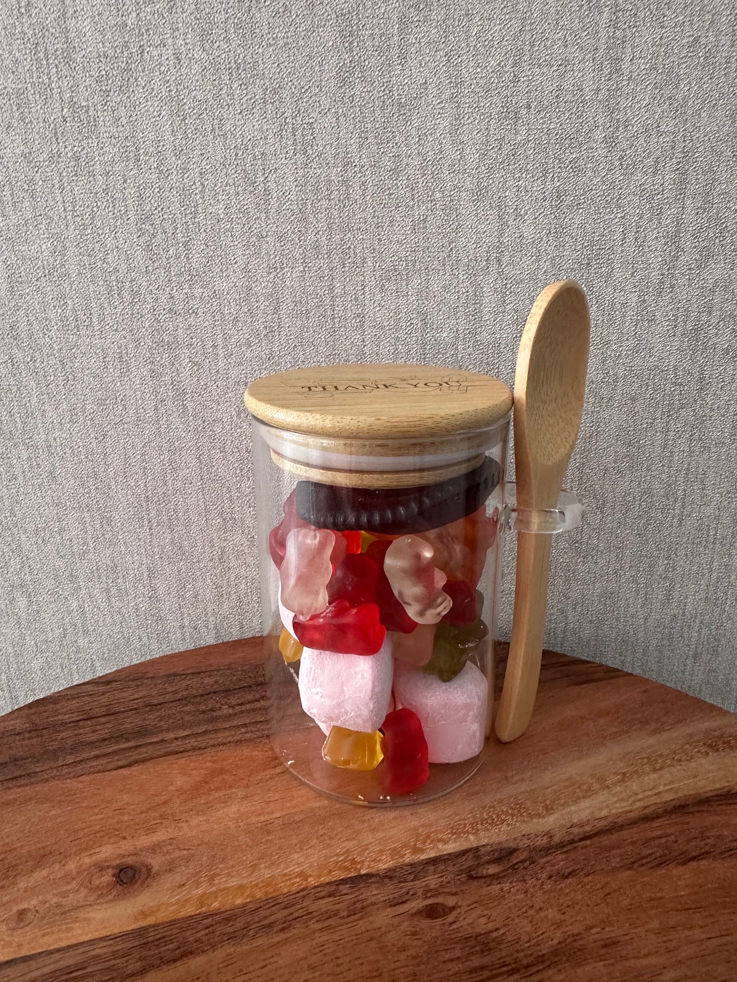 ENGRAVED  WOODEN Teachers SWEETS JAR with spoon 280 ML