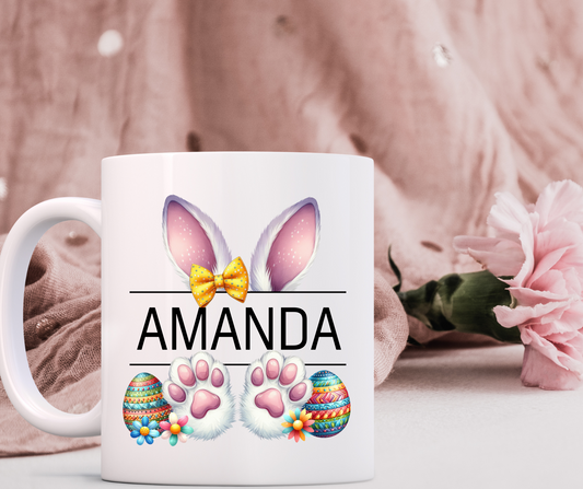 Personalised   bunny ears yellow bow Easter mugs