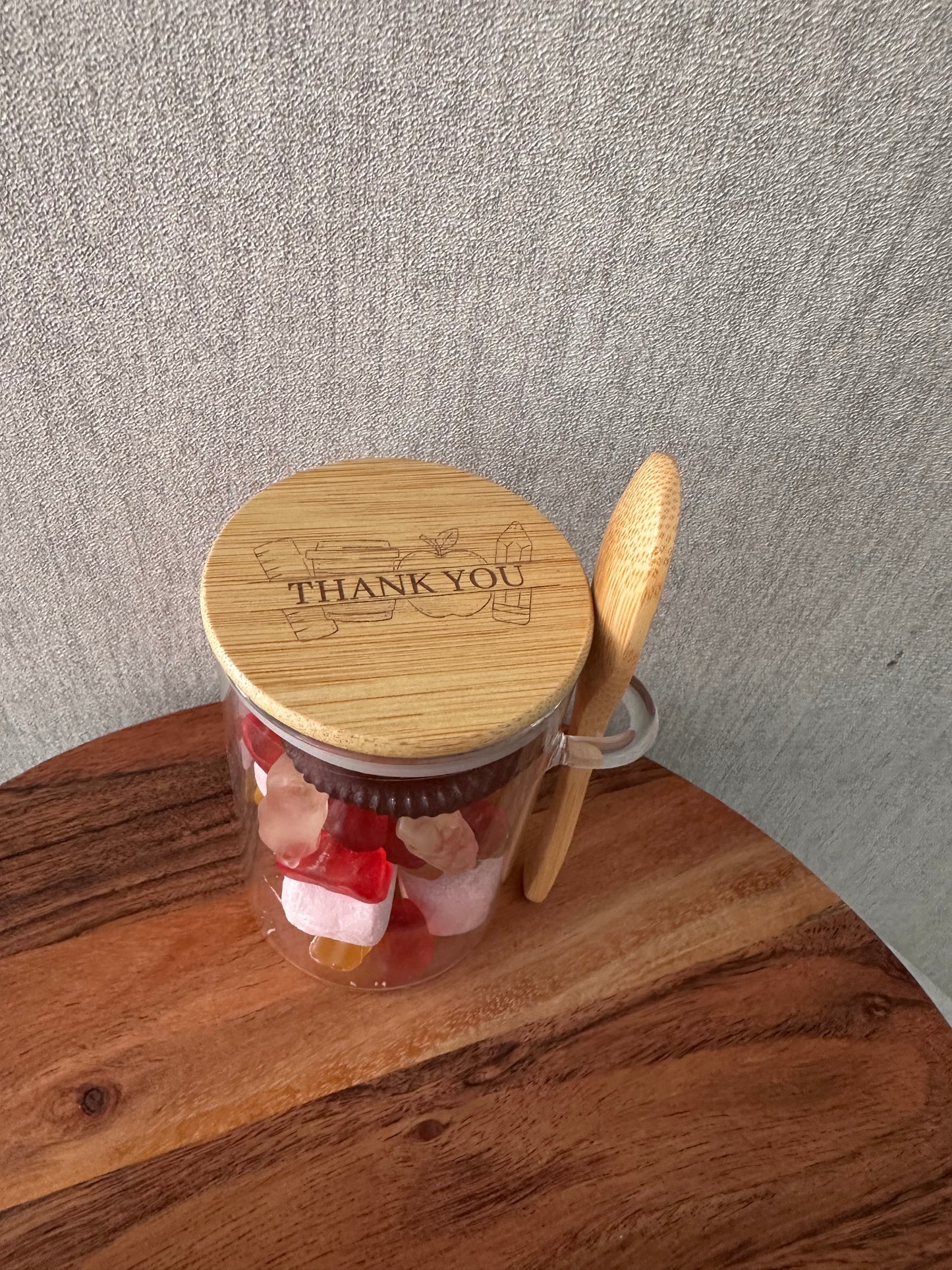ENGRAVED  WOODEN Teachers SWEETS JAR with spoon 280 ML