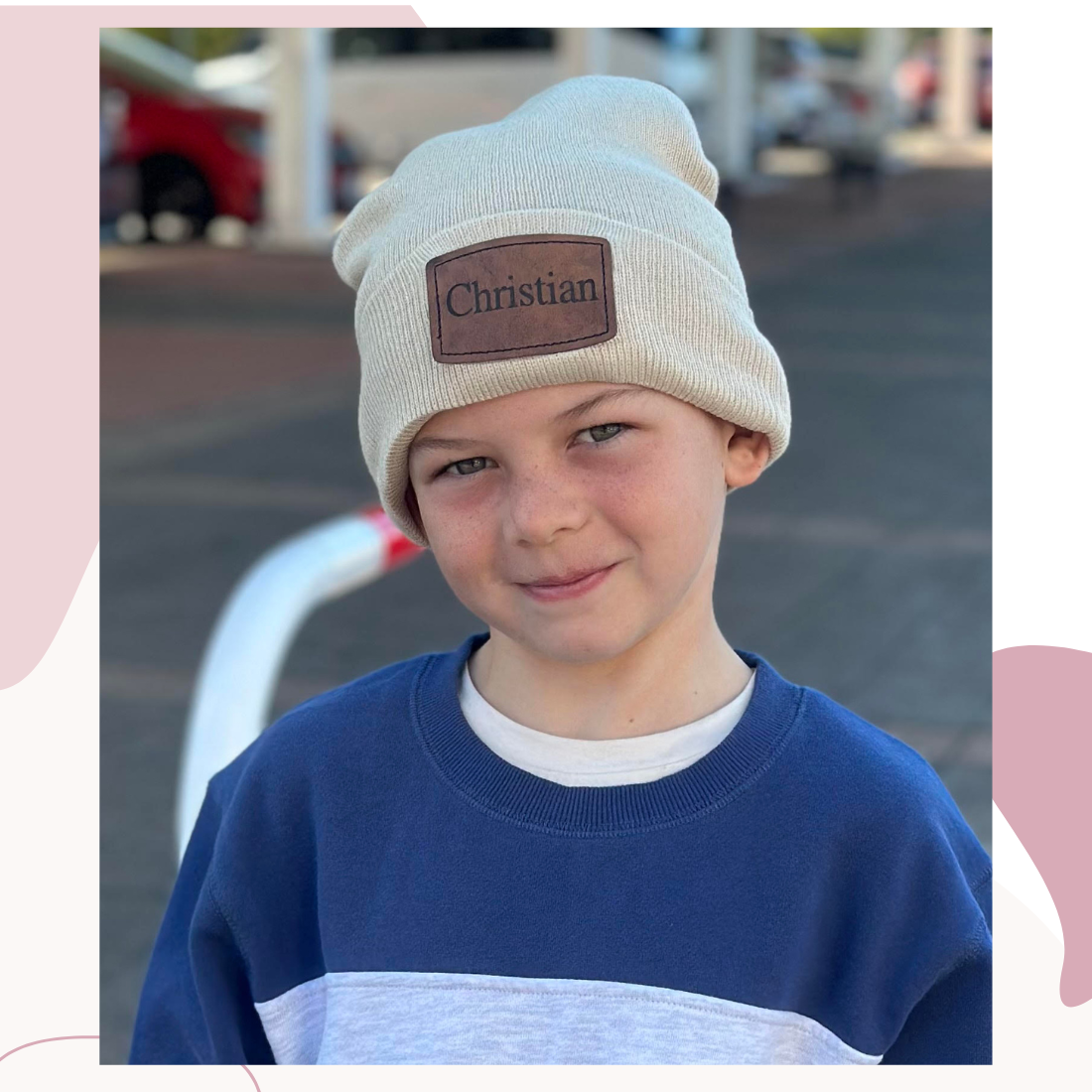 Personalized  Kids Beanies with Engraved leatherette Patch