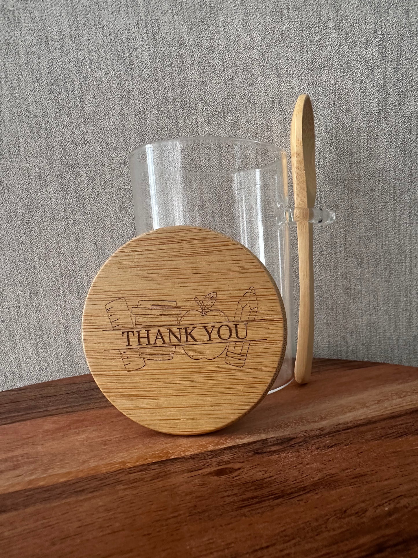 ENGRAVED  WOODEN Teachers SWEETS JAR with spoon 280 ML