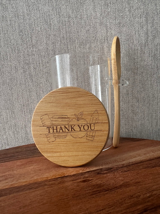 ENGRAVED  WOODEN Teachers SWEETS JAR with spoon 280 ML