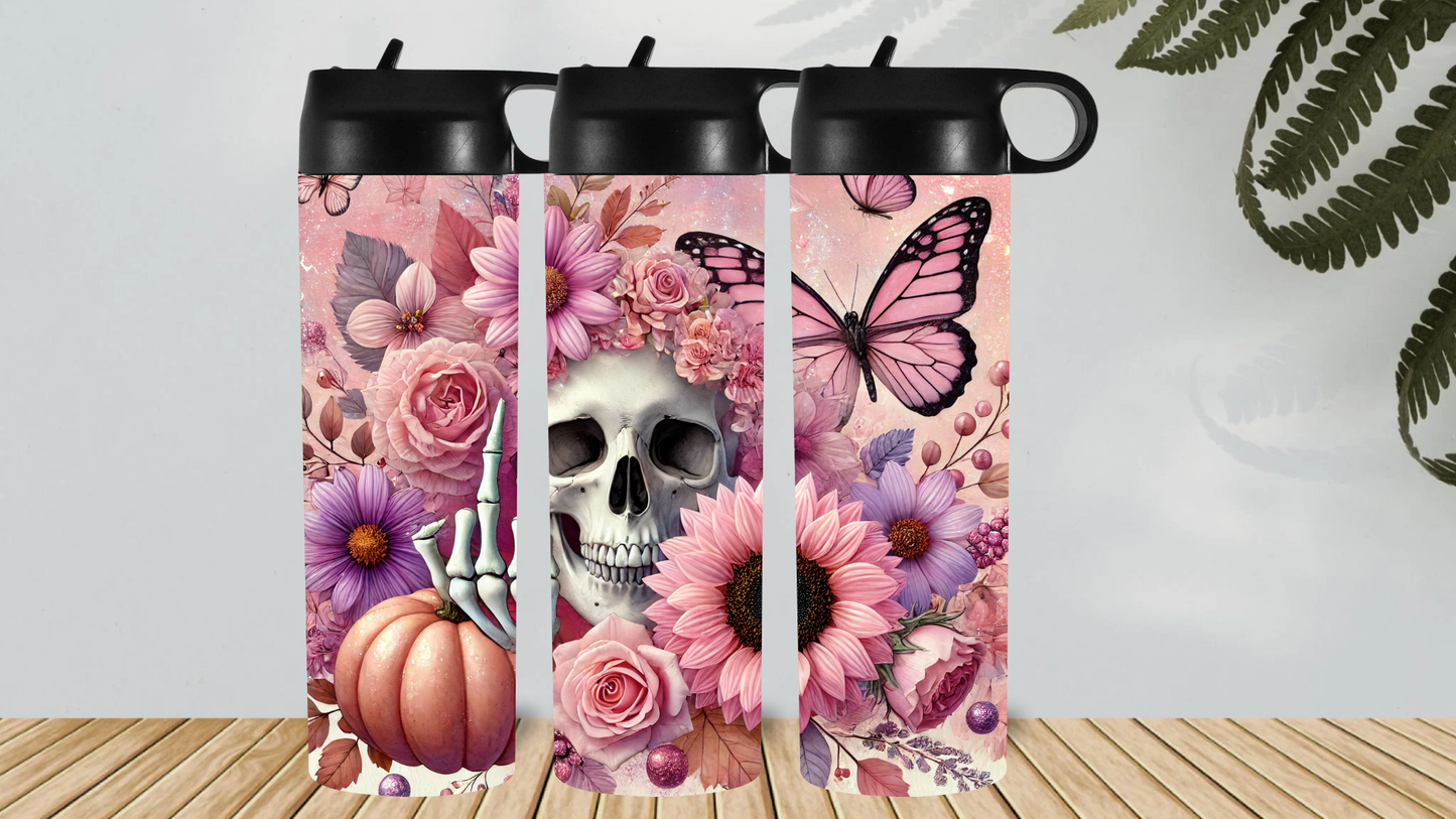 PINK SKULL AND FLOWERS PERSONALISED HYDRO DRINK BOTTLE