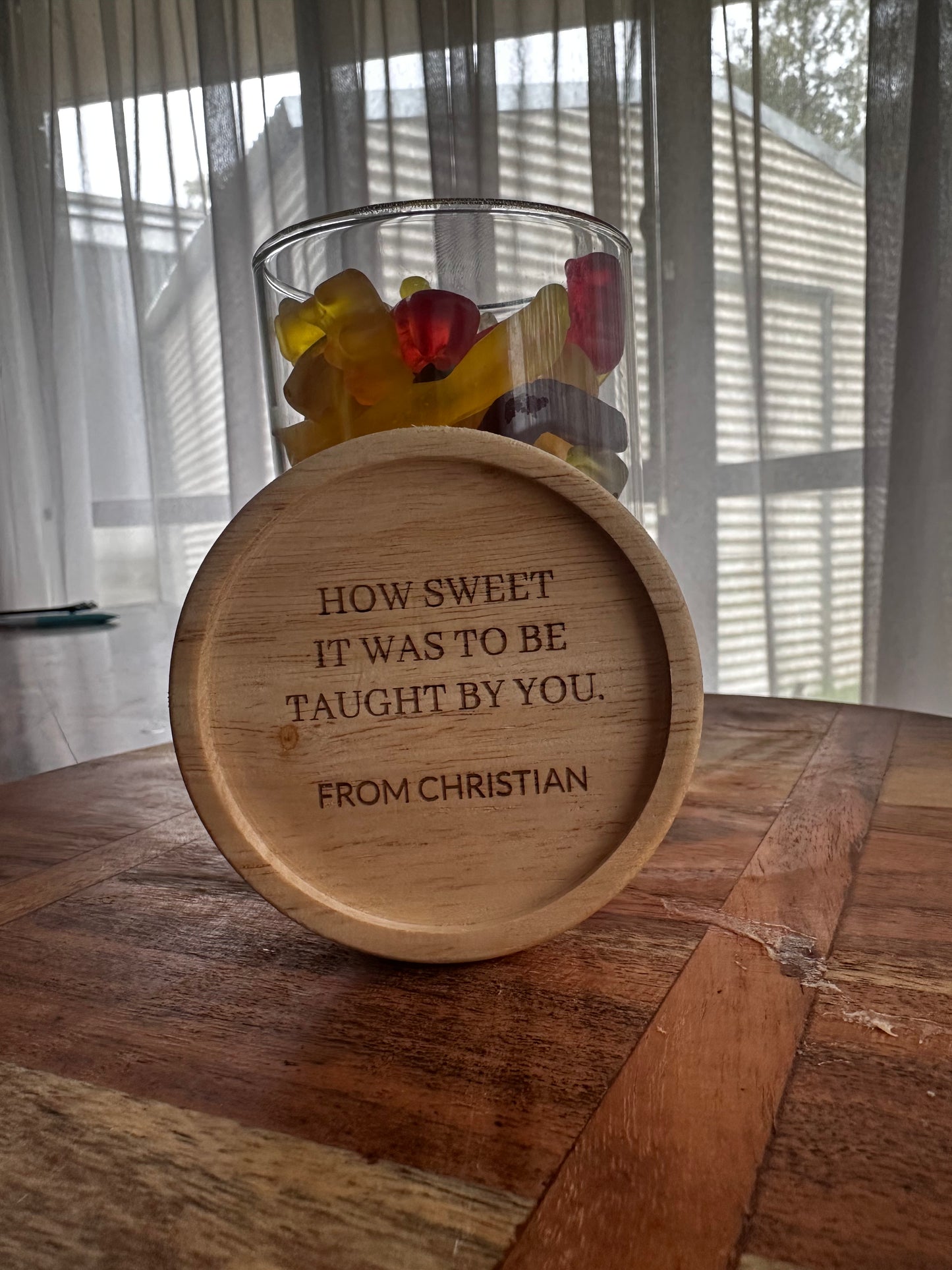 ENGRAVED  WOODEN Teachers SWEETS JAR 330 ML