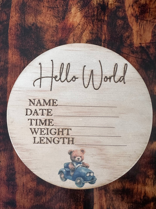 Hello World  teddy in a blue car