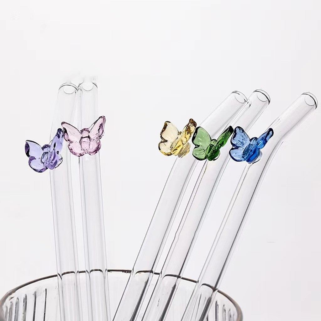 Colored Glass Small Flower Butterfly Straw